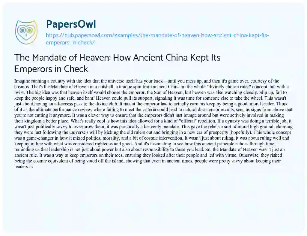 Essay on The Mandate of Heaven: How Ancient China Kept Its Emperors in Check