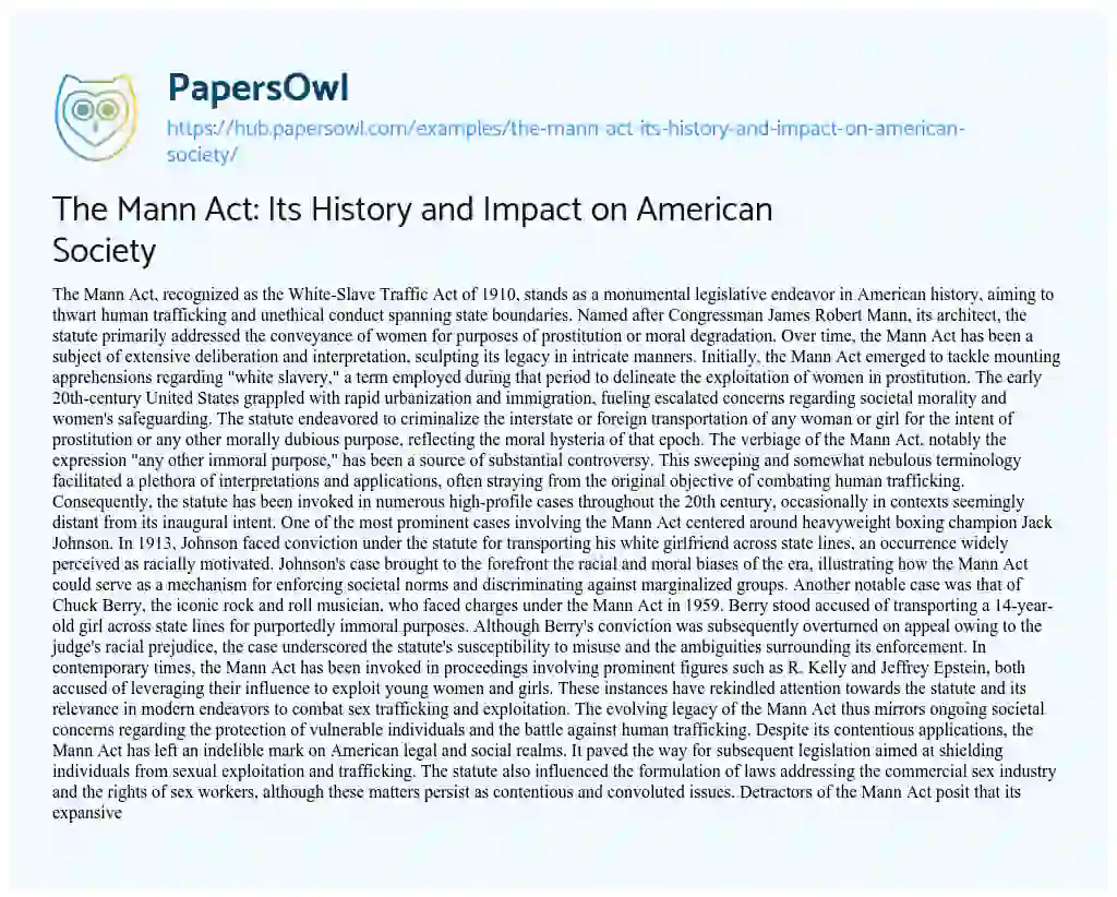 Essay on The Mann Act: Its History and Impact on American Society