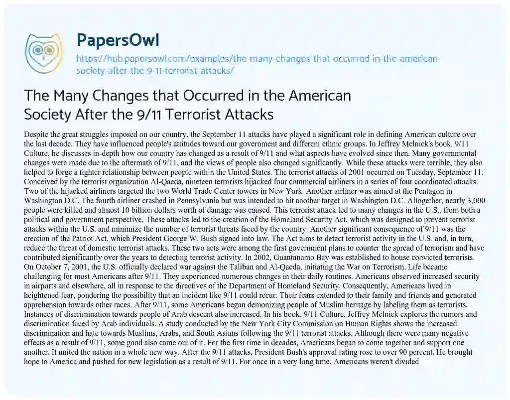 Essay on The Many Changes that Occurred in the American Society After the 9/11 Terrorist Attacks