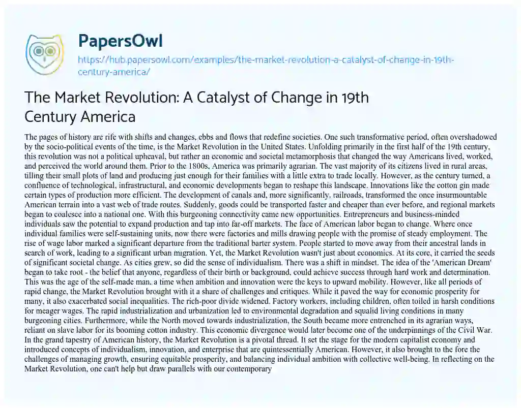 Essay on The Market Revolution: A Catalyst of Change in 19th Century America