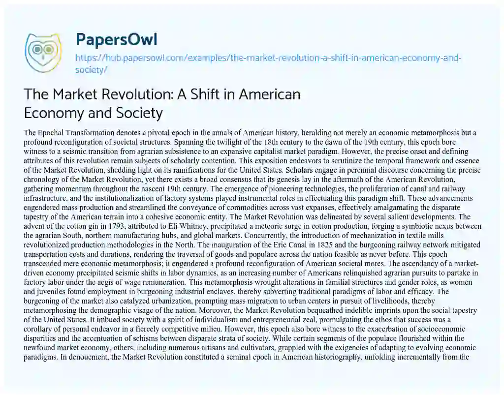 Essay on The Market Revolution: A Shift in American Economy and Society
