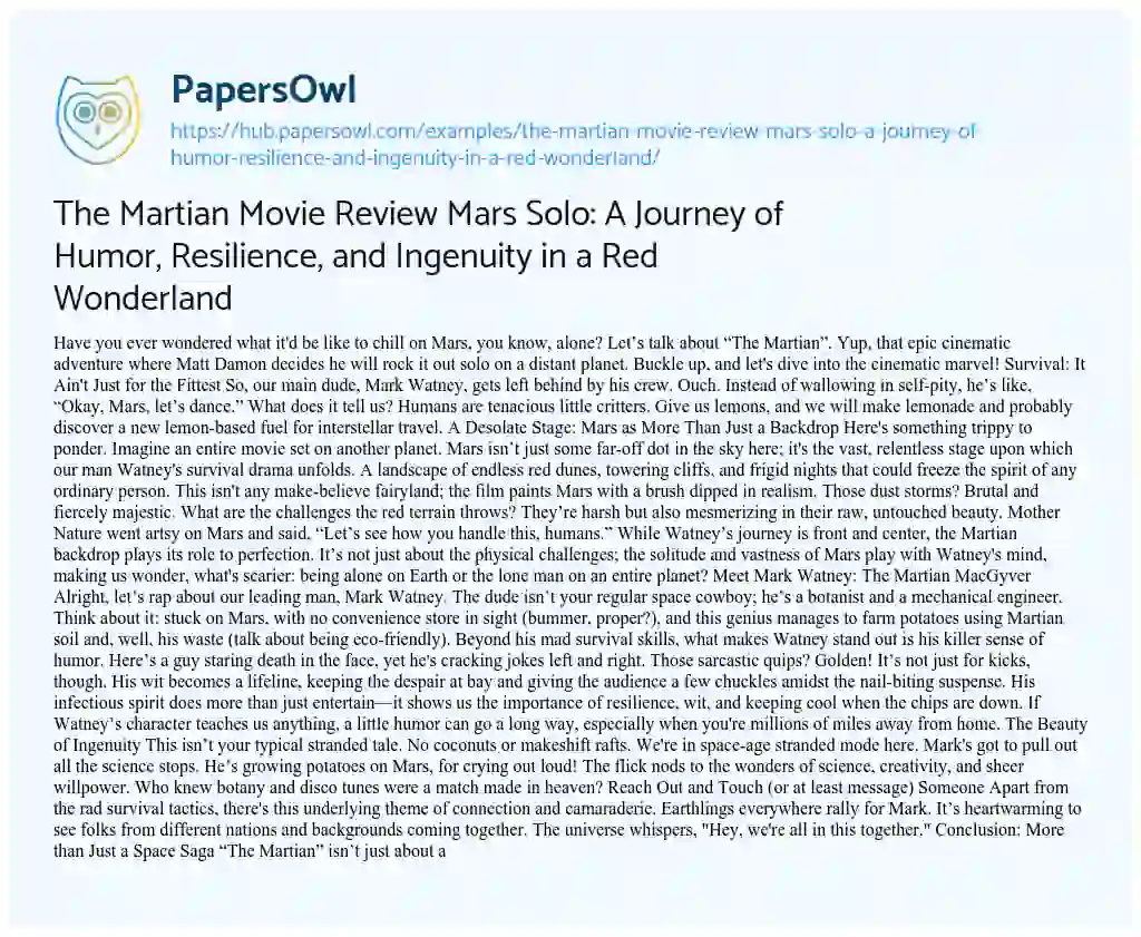 Essay on The Martian Movie Review Mars Solo: A Journey of Humor, Resilience, and Ingenuity in a Red Wonderland