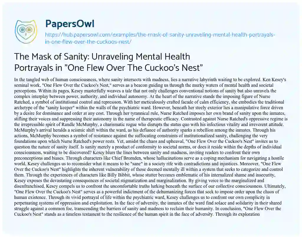 Essay on The Mask of Sanity: Unraveling Mental Health Portrayals in “One Flew Over The Cuckoo’s Nest”