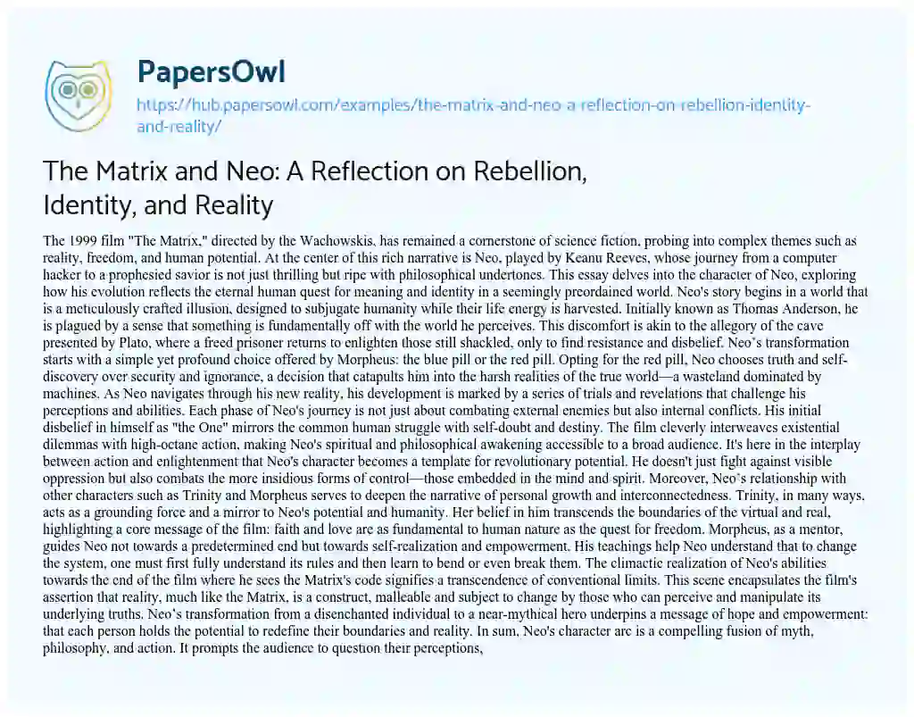 Essay on The Matrix and Neo: A Reflection on Rebellion, Identity, and Reality