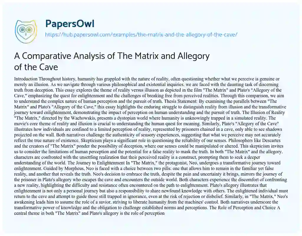 Essay on A Comparative Analysis of The Matrix and Allegory of the Cave