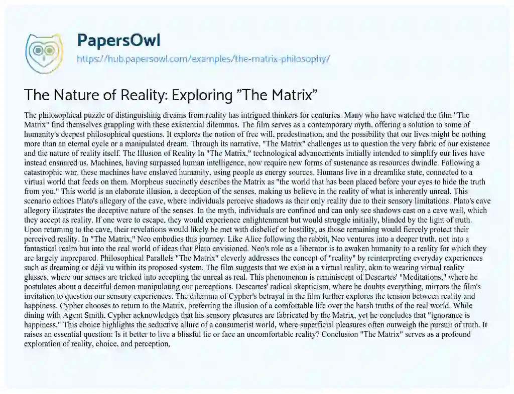 Essay on The Nature of Reality: Exploring “The Matrix”