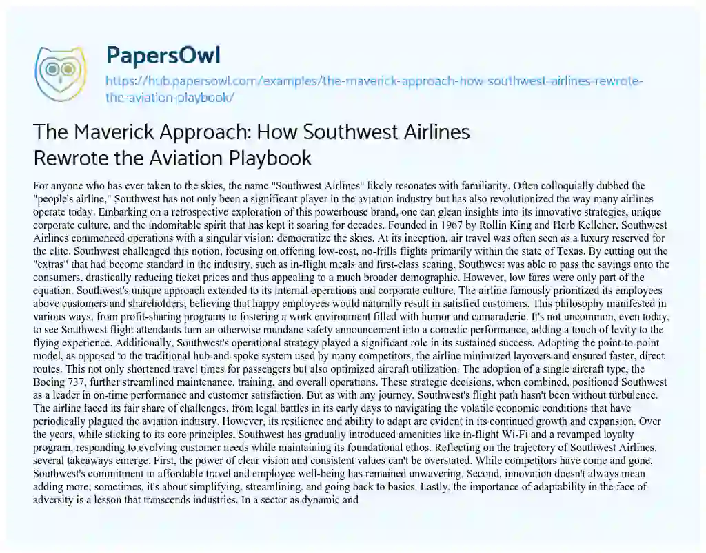 Essay on The Maverick Approach: How Southwest Airlines Rewrote the Aviation Playbook