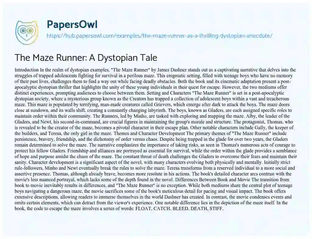 Essay on The Maze Runner: A Dystopian Tale