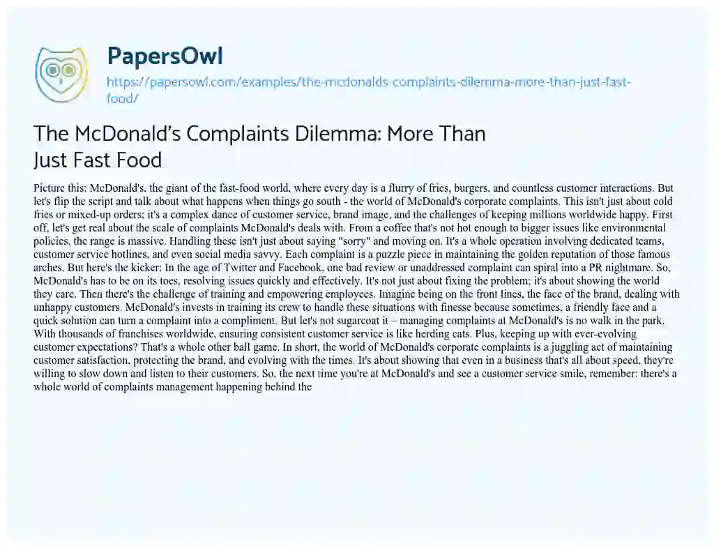 Essay on The McDonald’s Complaints Dilemma: More Than Just Fast Food