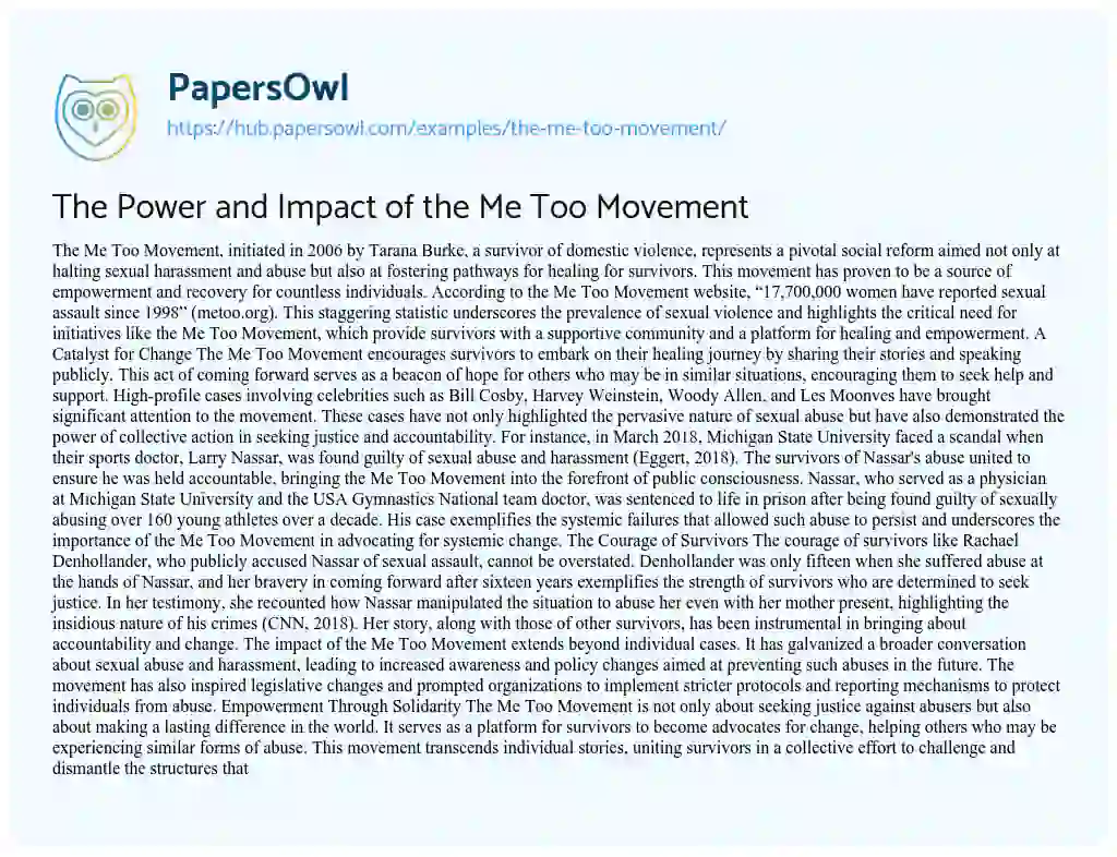 Essay on The Power and Impact of the Me Too Movement