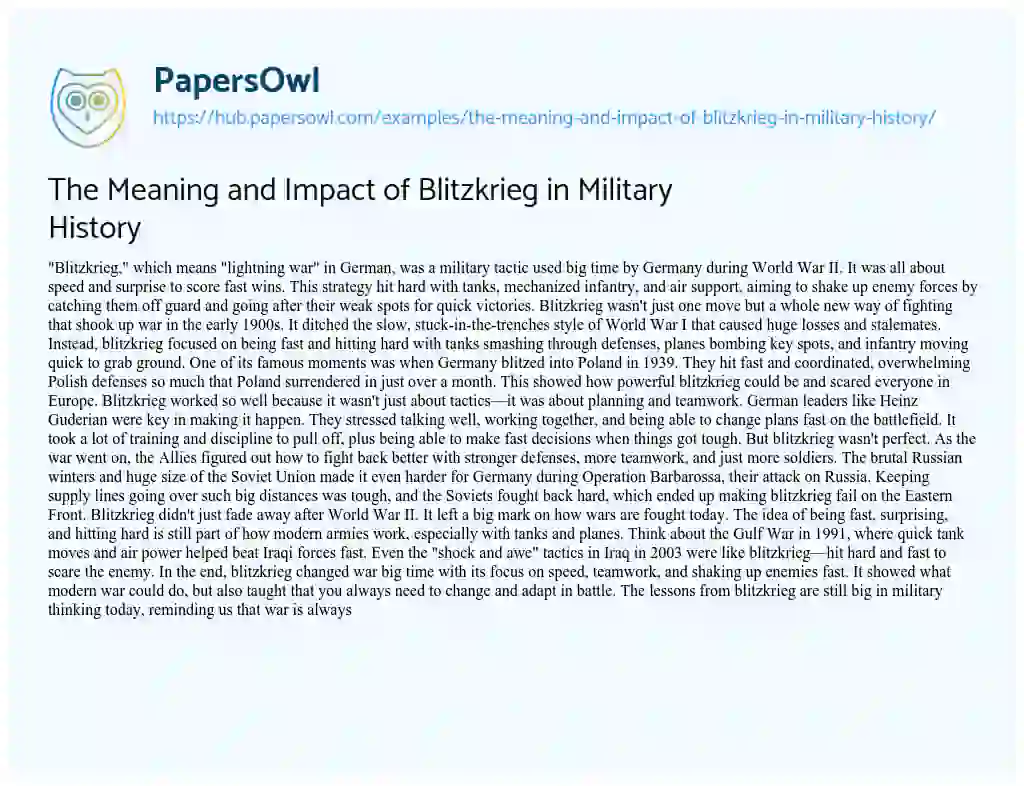 Essay on The Meaning and Impact of Blitzkrieg in Military History