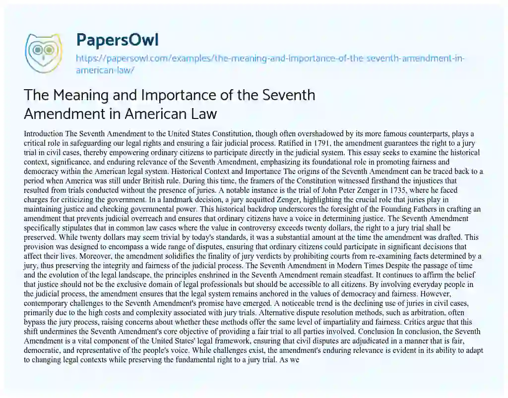 Essay on The Meaning and Importance of the Seventh Amendment in American Law