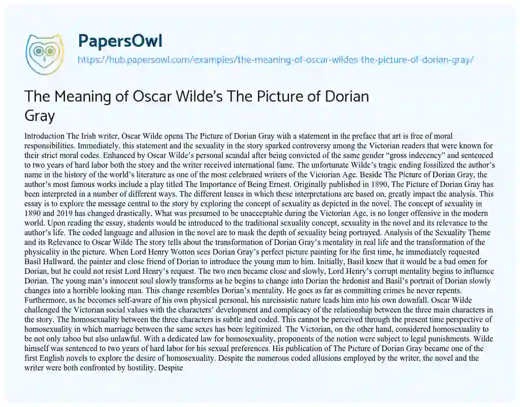 Essay on The Meaning of Oscar Wilde’s The Picture of Dorian Gray