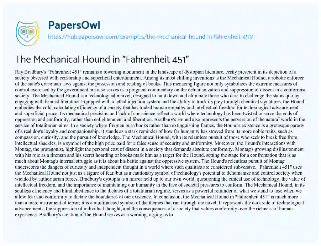 Essay on The Mechanical Hound in “Fahrenheit 451”
