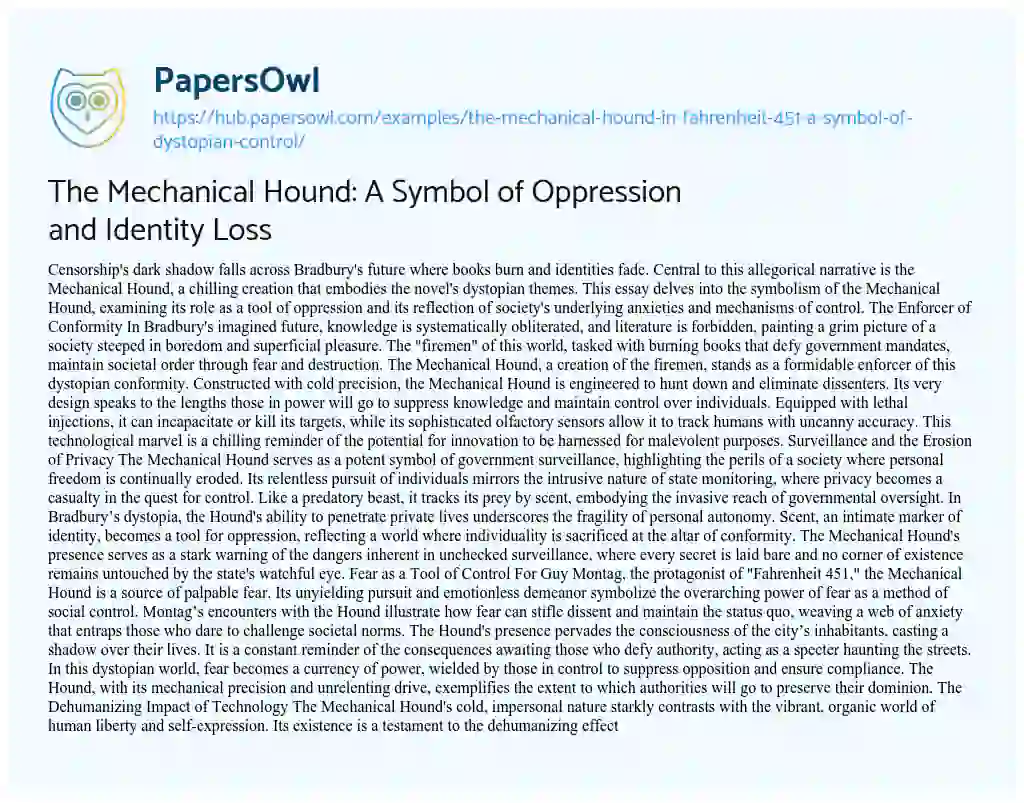 Essay on The Mechanical Hound: A Symbol of Oppression and Identity Loss