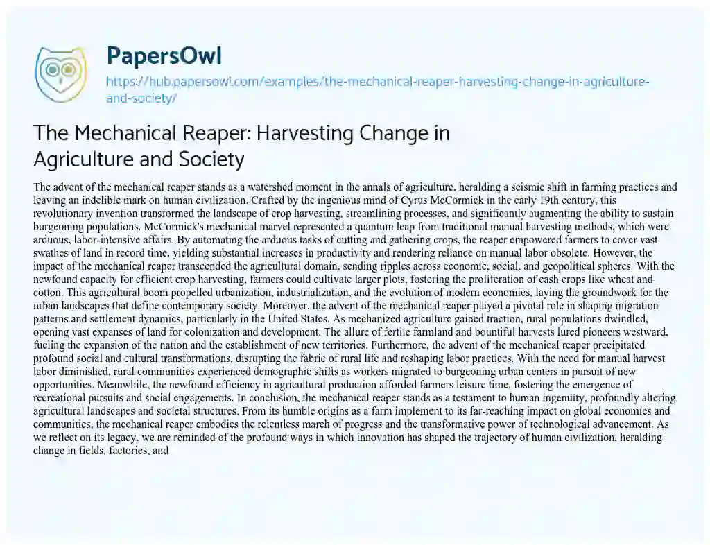 Essay on The Mechanical Reaper: Harvesting Change in Agriculture and Society