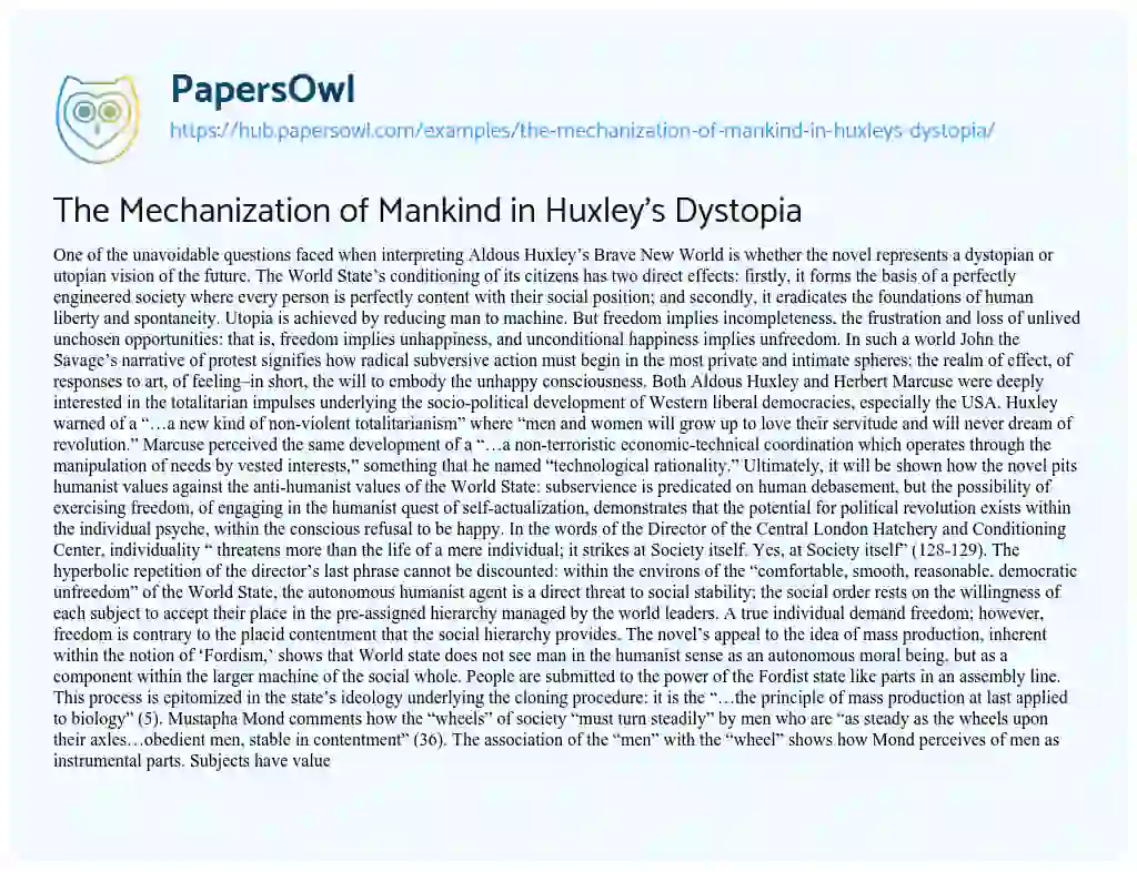 Essay on The Mechanization of Mankind in Huxley’s Dystopia 