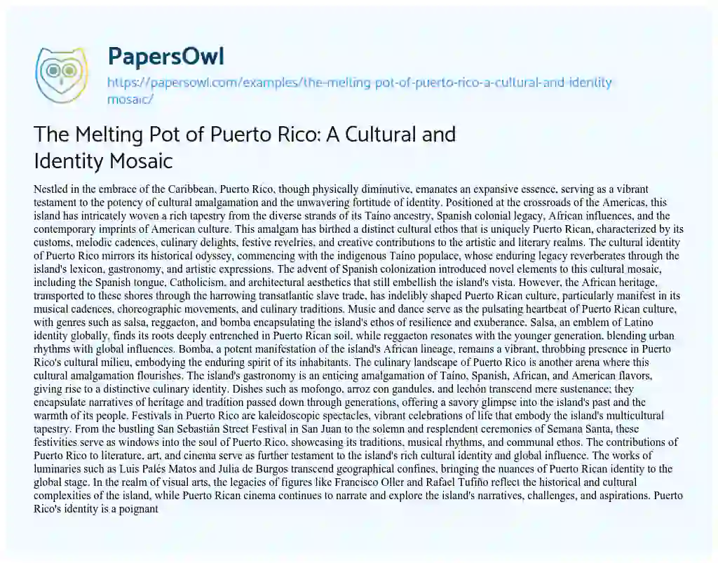 Essay on The Melting Pot of Puerto Rico: A Cultural and Identity Mosaic