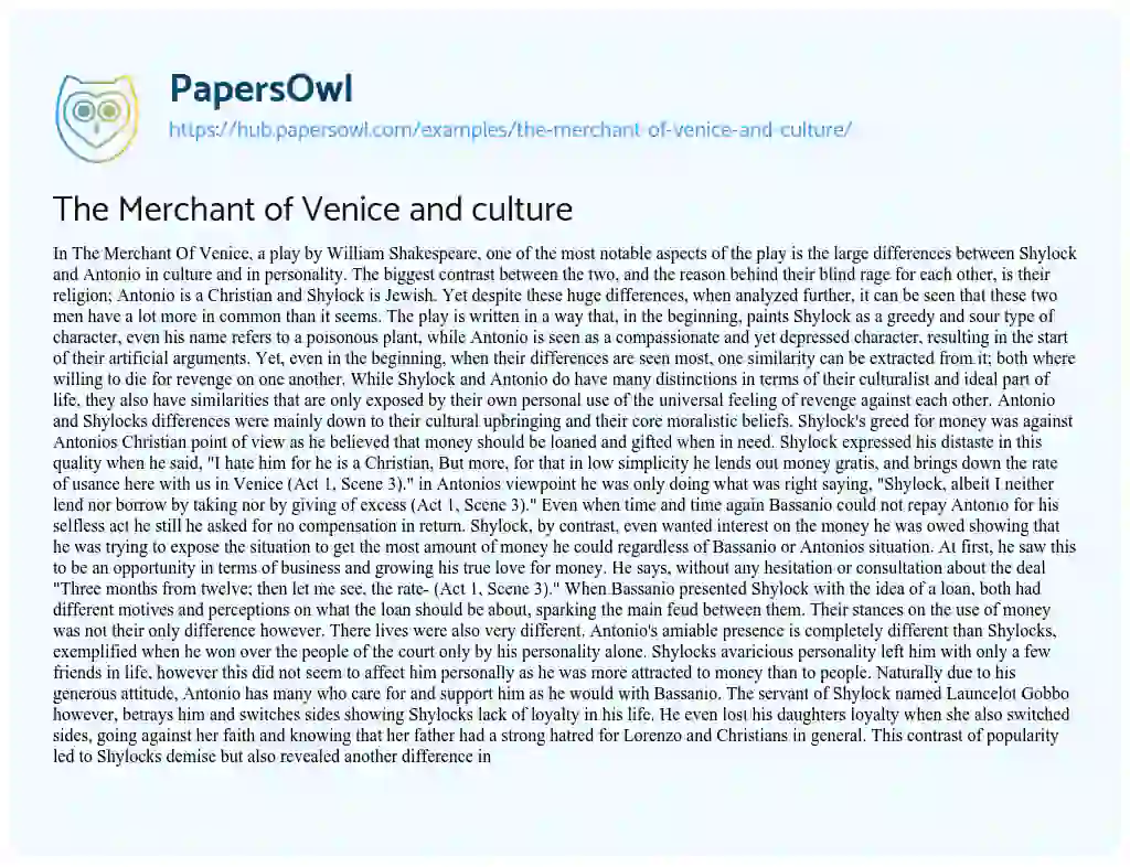 Essay on The Merchant of Venice and culture