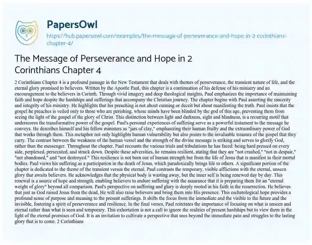 Essay on The Message of Perseverance and Hope in 2 Corinthians Chapter 4