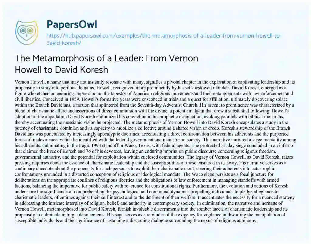 Essay on The Metamorphosis of a Leader: From Vernon Howell to David Koresh