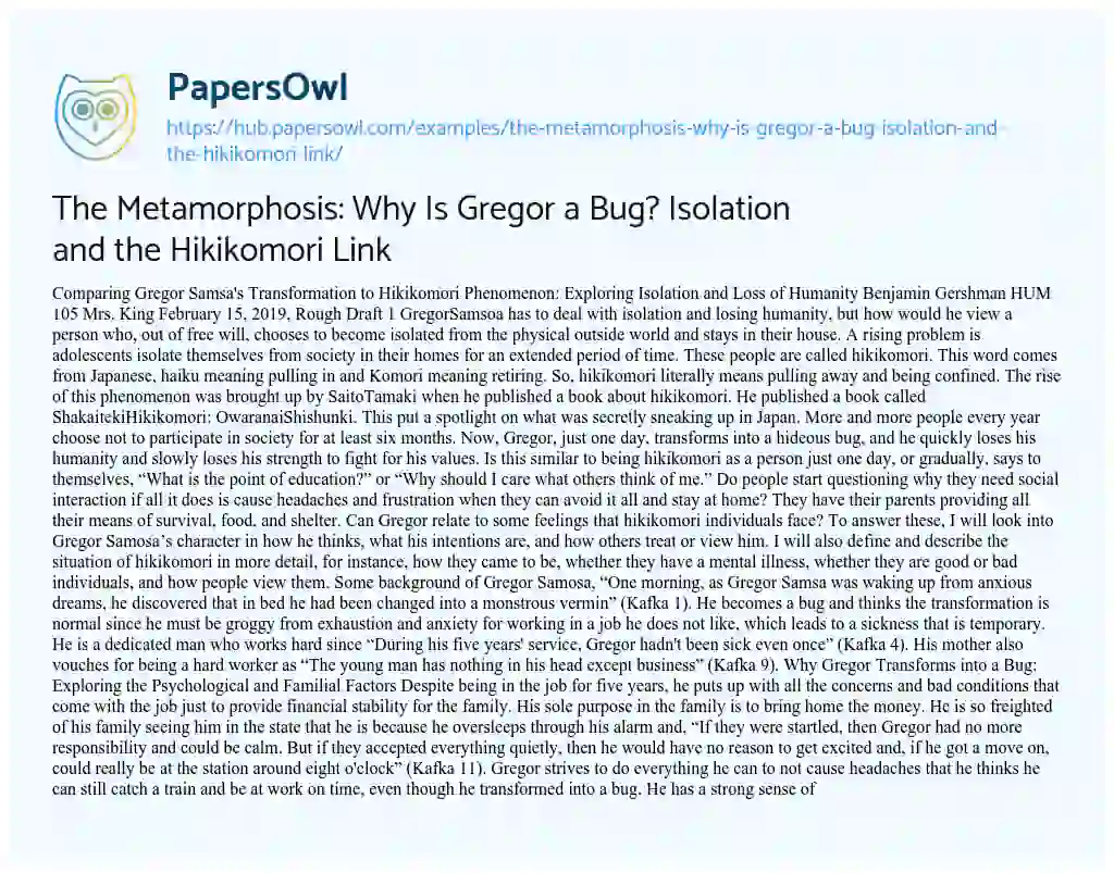Essay on The Metamorphosis: Why Is Gregor a Bug? Isolation and the Hikikomori Link