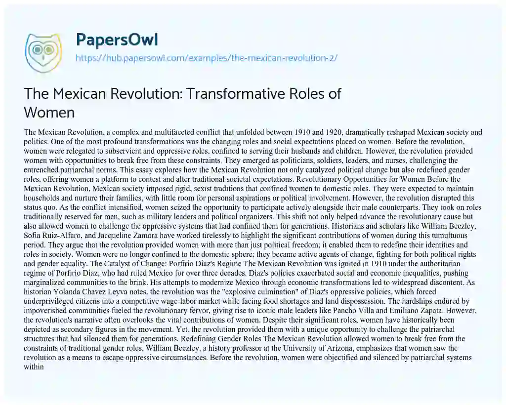 Essay on The Mexican Revolution: Transformative Roles of Women