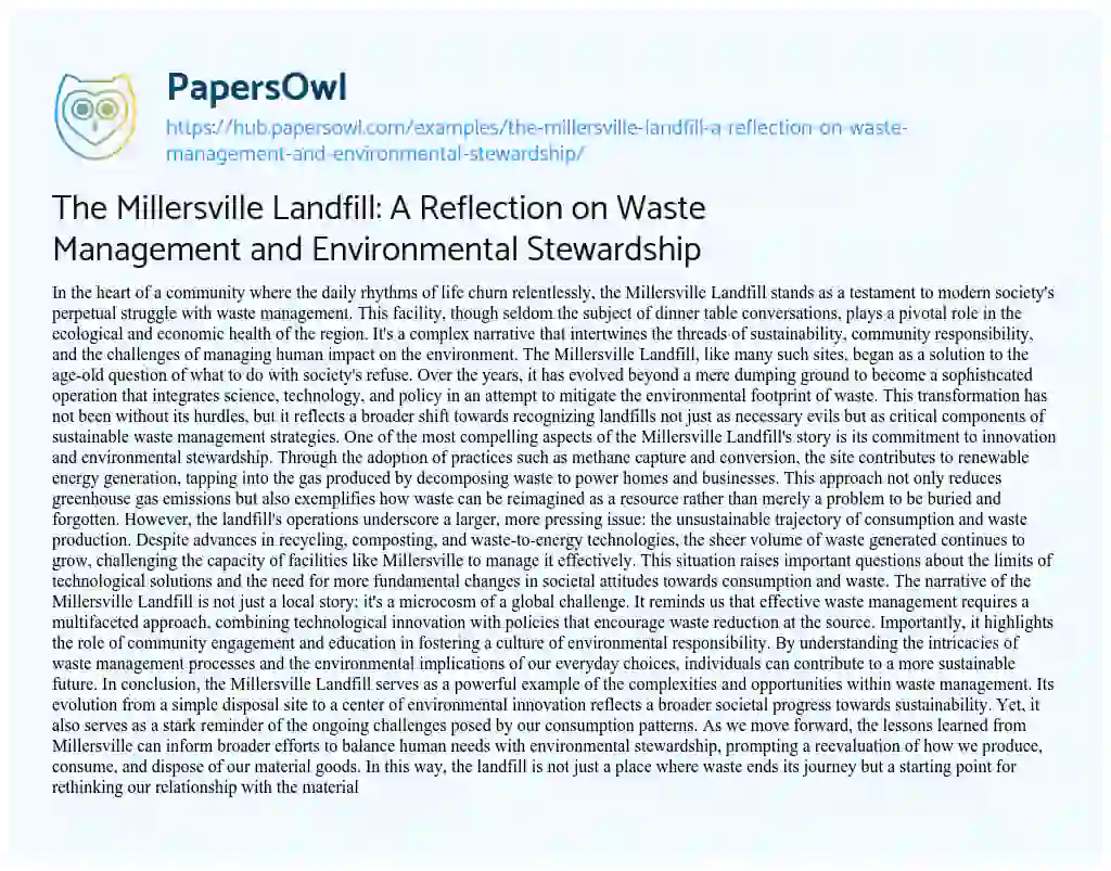 Essay on The Millersville Landfill: A Reflection on Waste Management and Environmental Stewardship