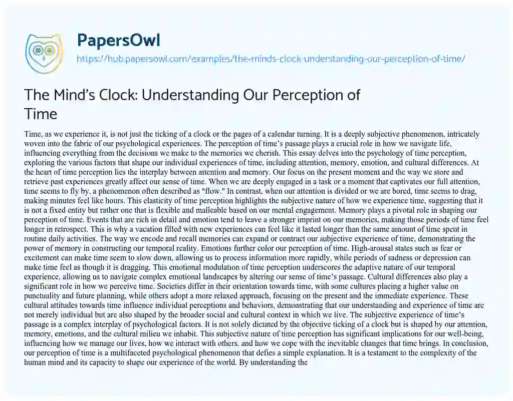 Essay on The Mind’s Clock: Understanding Our Perception of Time