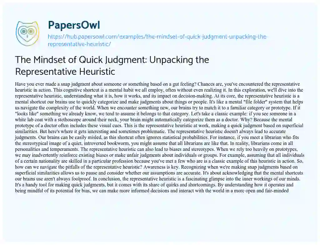 Essay on The Mindset of Quick Judgment: Unpacking the Representative Heuristic