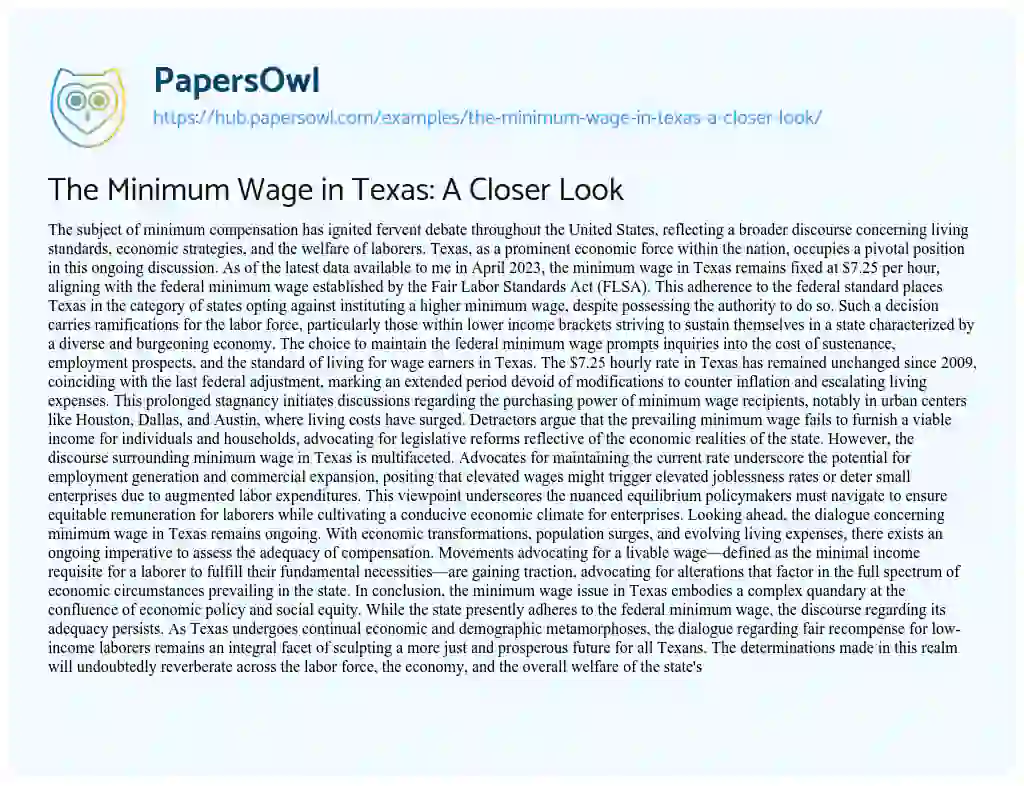 Essay on The Minimum Wage in Texas: A Closer Look