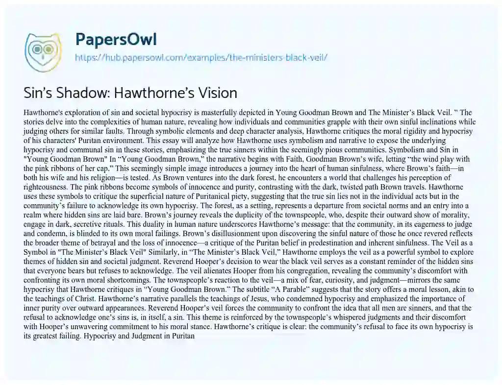 Essay on Sin’s Shadow: Hawthorne’s Vision