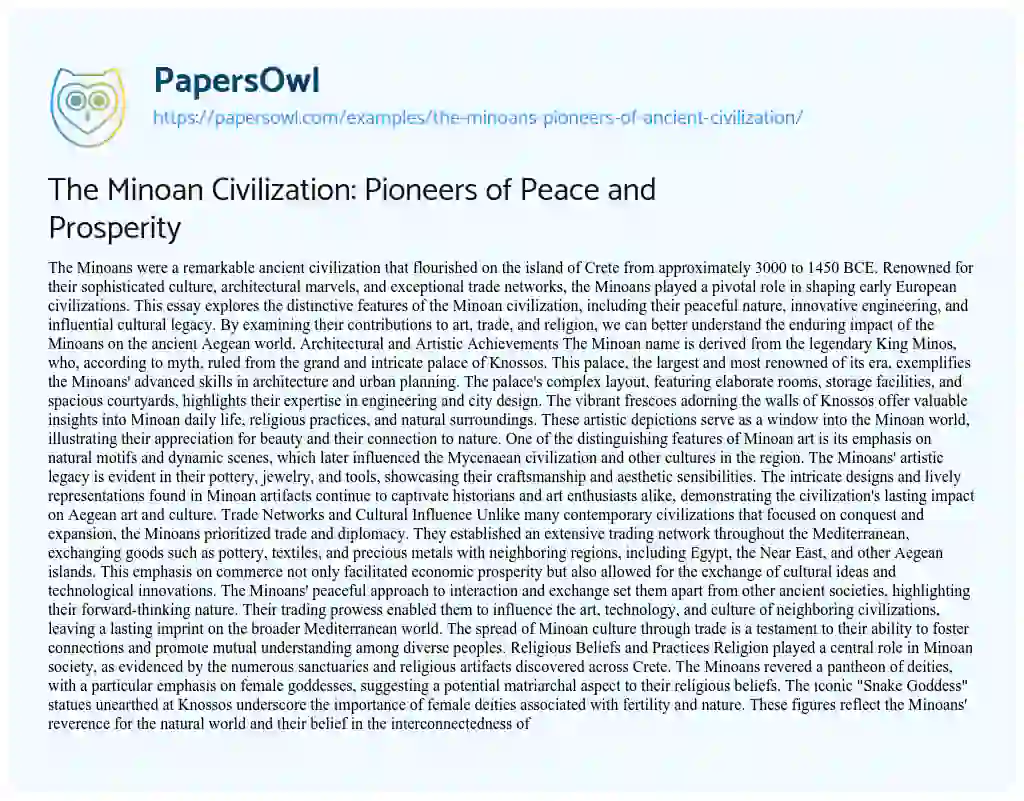 Essay on The Minoan Civilization: Pioneers of Peace and Prosperity