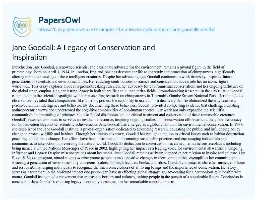 Essay on Jane Goodall: A Legacy of Conservation and Inspiration