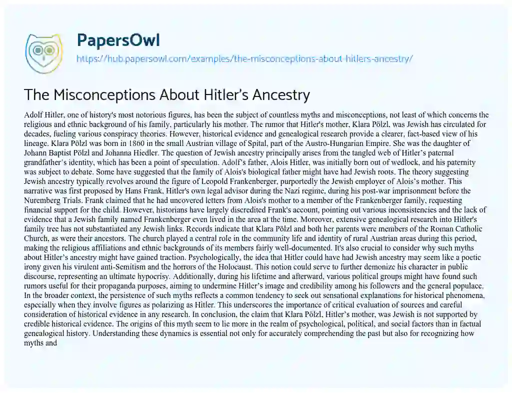 Essay on The Misconceptions About Hitler’s Ancestry