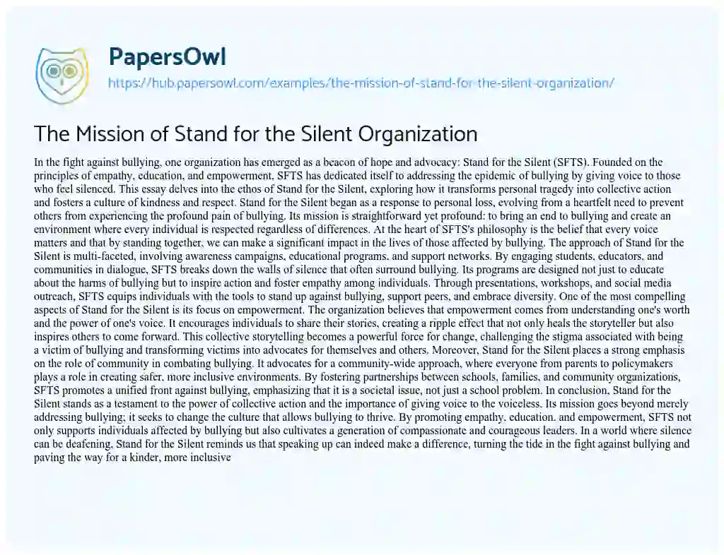 Essay on The Mission of Stand for the Silent Organization