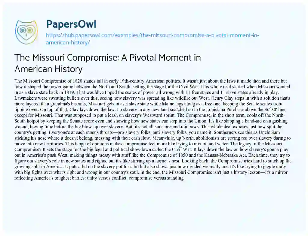 Essay on The Missouri Compromise: A Pivotal Moment in American History