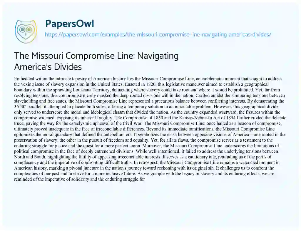 Essay on The Missouri Compromise Line: Navigating America’s Divides