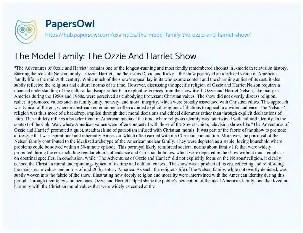 Essay on The Model Family: The Ozzie And Harriet Show