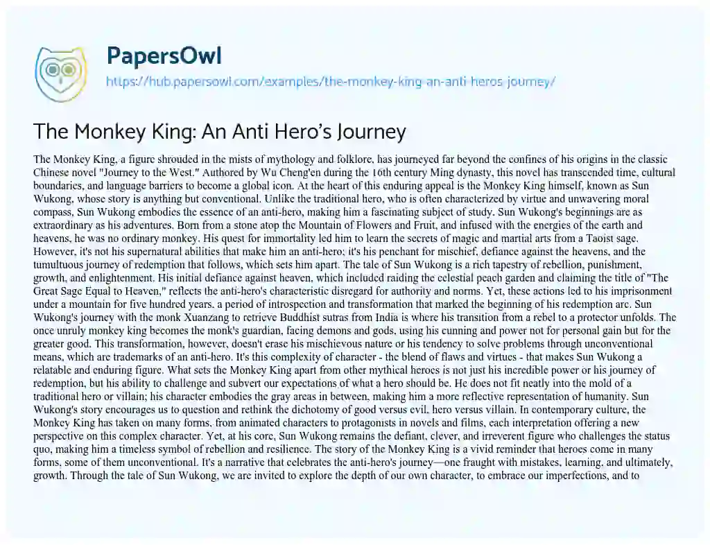 Essay on The Monkey King: An Anti Hero’s Journey