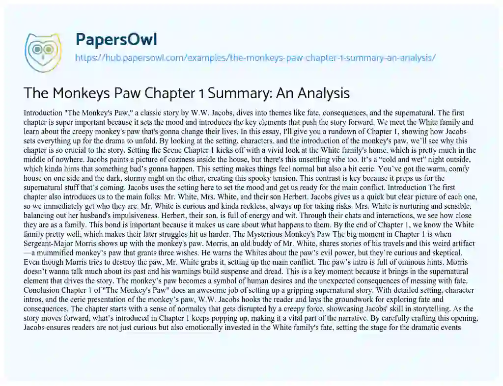 Essay on The Monkeys Paw Chapter 1 Summary: An Analysis