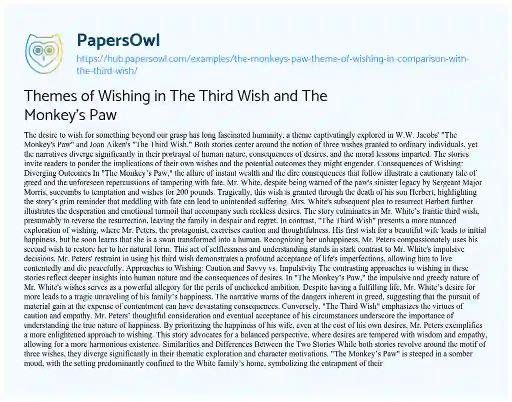 Essay on Themes of Wishing in The Third Wish and The Monkey’s Paw