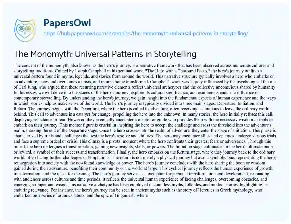 Essay on The Monomyth: Universal Patterns in Storytelling