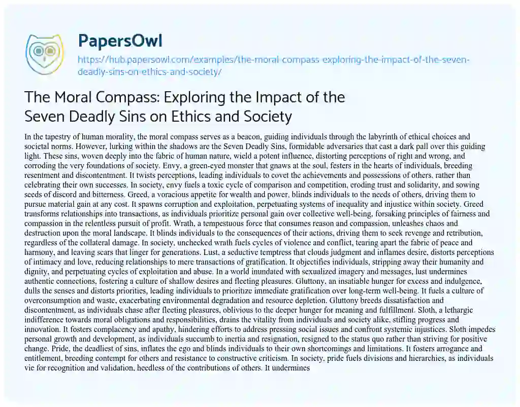 Essay on The Moral Compass: Exploring the Impact of the Seven Deadly Sins on Ethics and Society