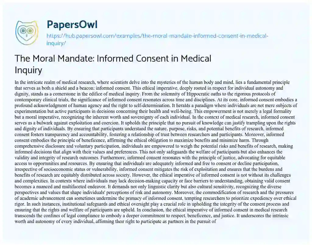Essay on The Moral Mandate: Informed Consent in Medical Inquiry