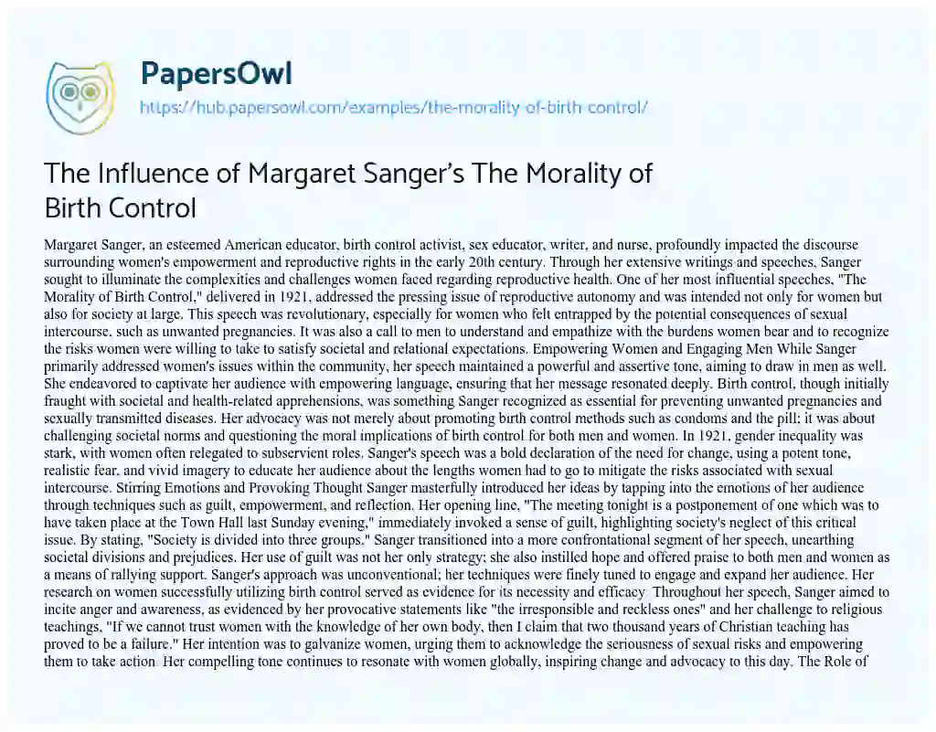Essay on The Influence of Margaret Sanger’s The Morality of Birth Control
