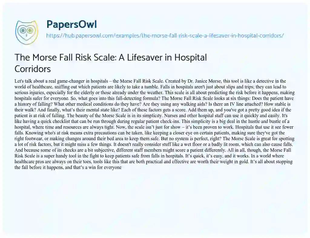 Essay on The Morse Fall Risk Scale: A Lifesaver in Hospital Corridors