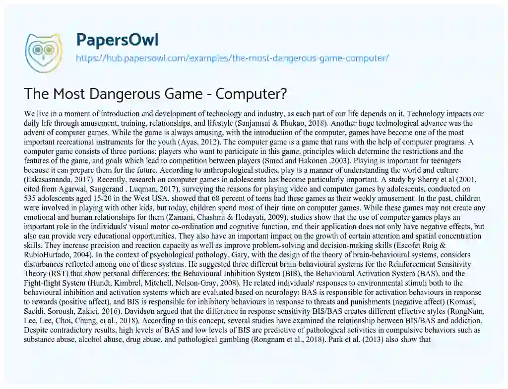 Essay on The Most Dangerous Game – Computer?