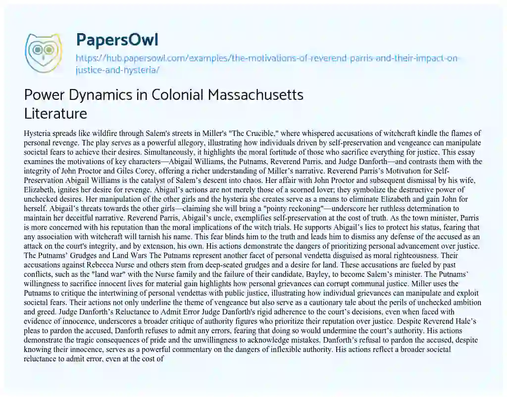 Essay on Power Dynamics in Colonial Massachusetts Literature