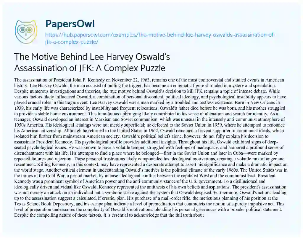 Essay on The Motive Behind Lee Harvey Oswald’s Assassination of JFK: A Complex Puzzle